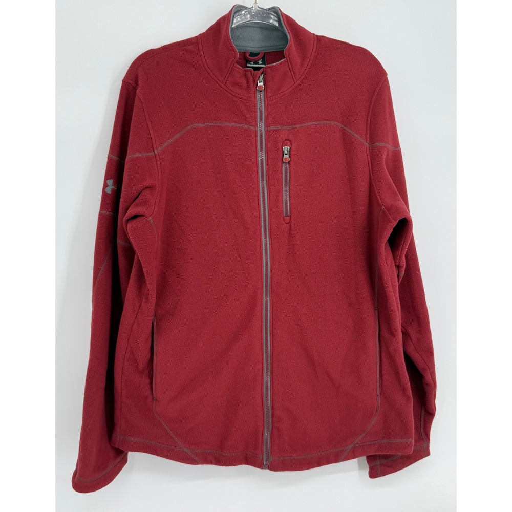 Under Armour Mens Large Red Full Zip Fleece Jacket Mock Neck Chest Pocket